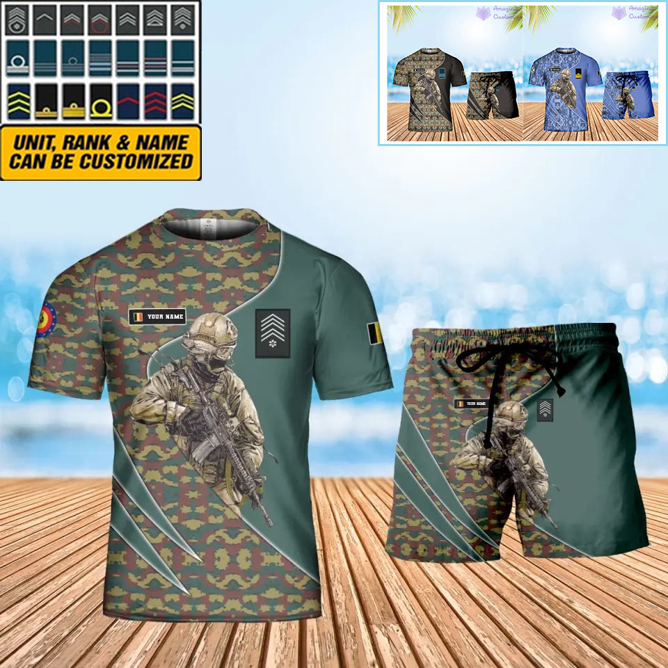 T-shirt personnalisé avec camouflage soldat/vétéran belge avec nom et grade + short imprimé en 3D - 15052401QA