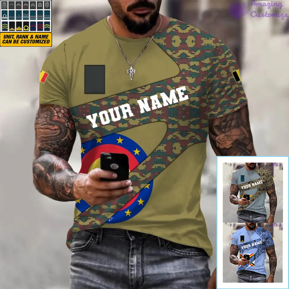 Personalisiertes T-Shirt mit belgischem Soldaten-/Veteranen-Tarnmuster mit Namen und Rang, 3D-Druck – 3001240001