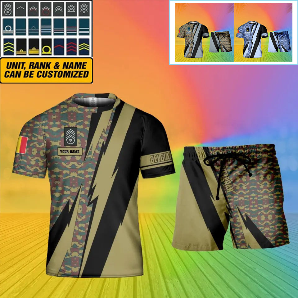 Personalisierter belgischer Soldat/Veteran, Camouflage, mit Namen und Rang, Kombi-T-Shirt + Short, 3D-Druck – 03042401QA