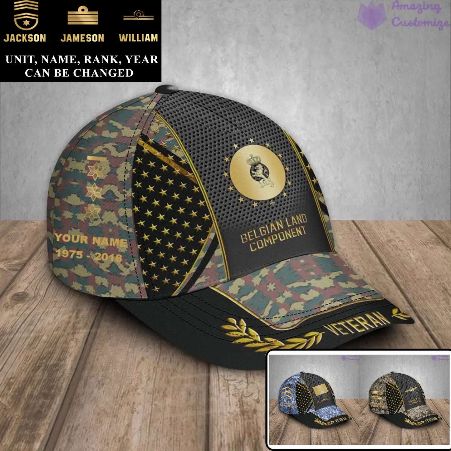 Casquette de baseball camouflage personnalisée avec grade, année et nom pour soldat/vétéran belge - 17163360