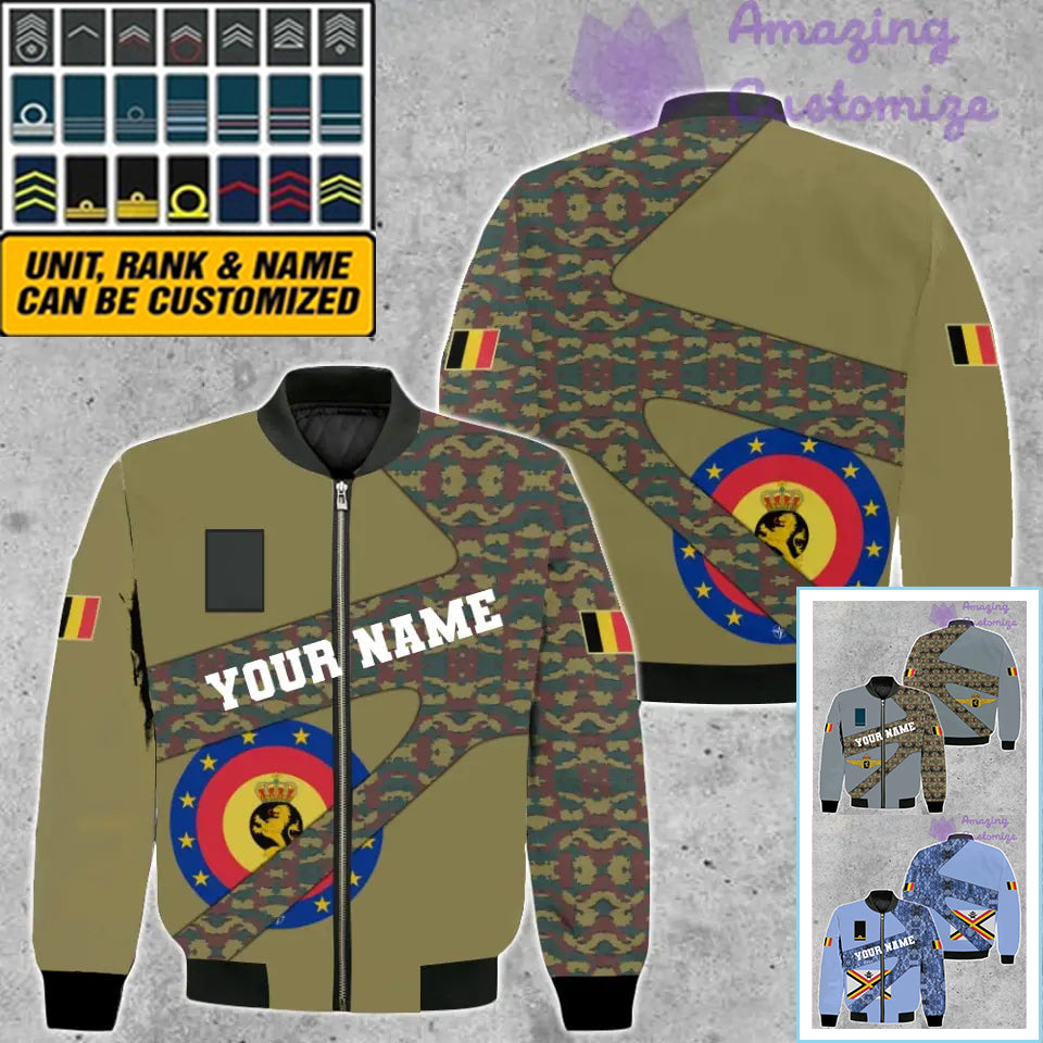 Personalisierte Bomberjacke mit belgischem Soldaten-/Veteranen-Tarnmuster und Namen und Rang, 3D-Druck – 300124QA