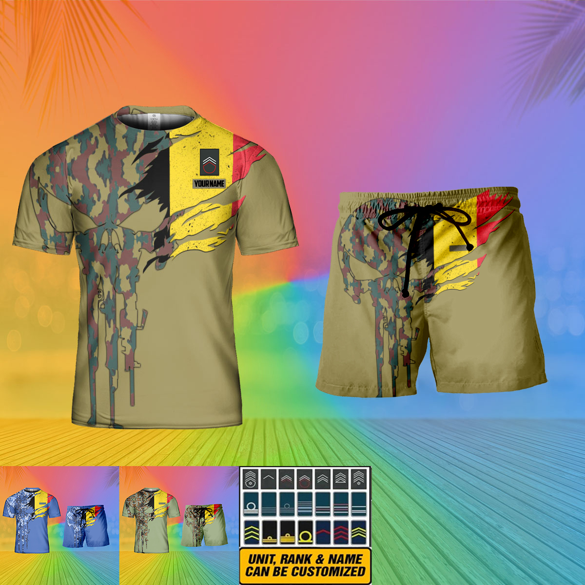 Personalisierter belgischer Soldat/Veteran, Camouflage, mit Namen und Rang, Kombi-T-Shirt + Short, 3D-Druck -