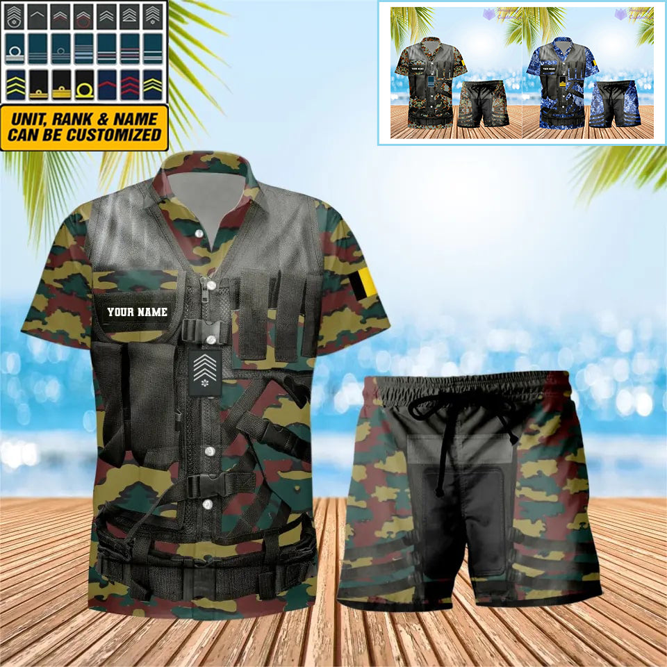 T-shirt Hawaï personnalisé avec camouflage soldat/vétéran belge et combo de grades + short imprimés en 3D - 22042401QA