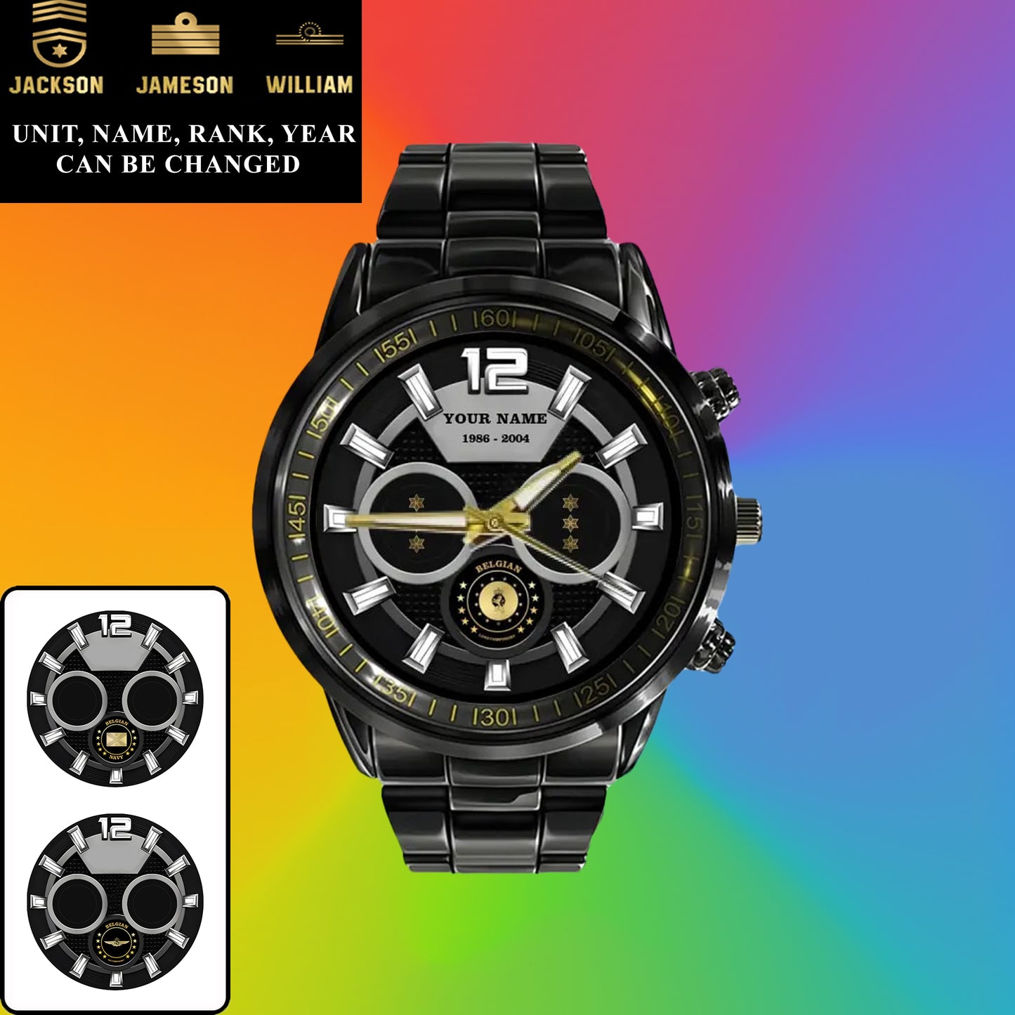 Montre personnalisée en acier inoxydable noir pour soldat/vétéran belge avec nom, grade et année - 27042401QA - Version dorée