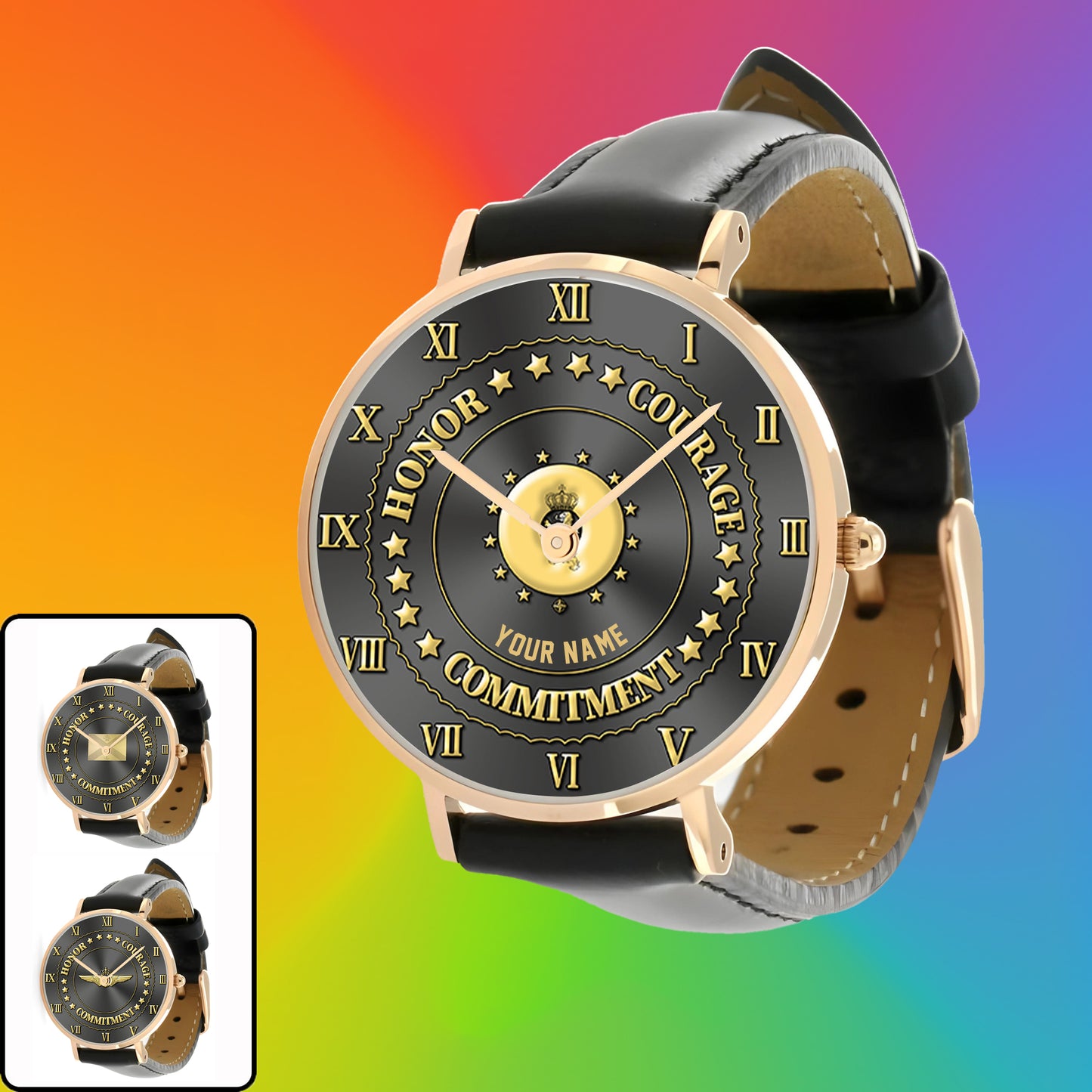 Montre personnalisée en cuir noir avec surpiqûres pour soldat/vétéran belge - 2203240001 - Version dorée