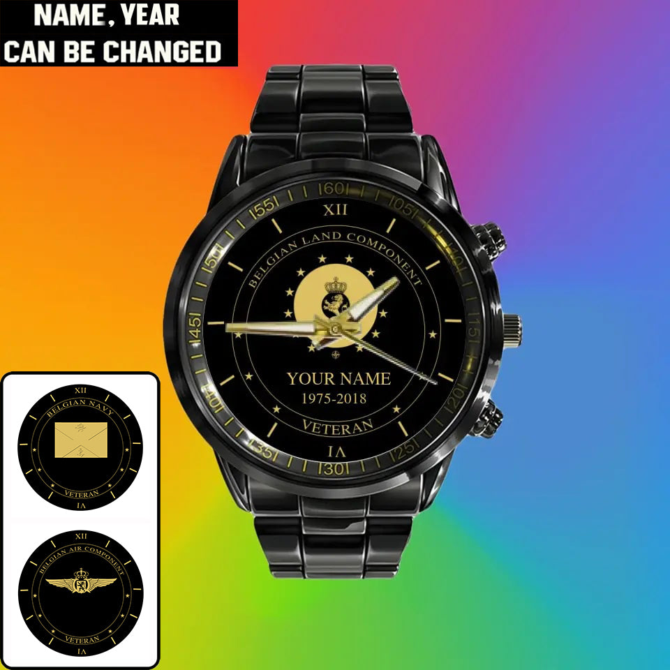 Personalized Belgium Soldier/ Veteran With Name And Year Black Stainless Steel Watch - 1603240001 - Gold Version