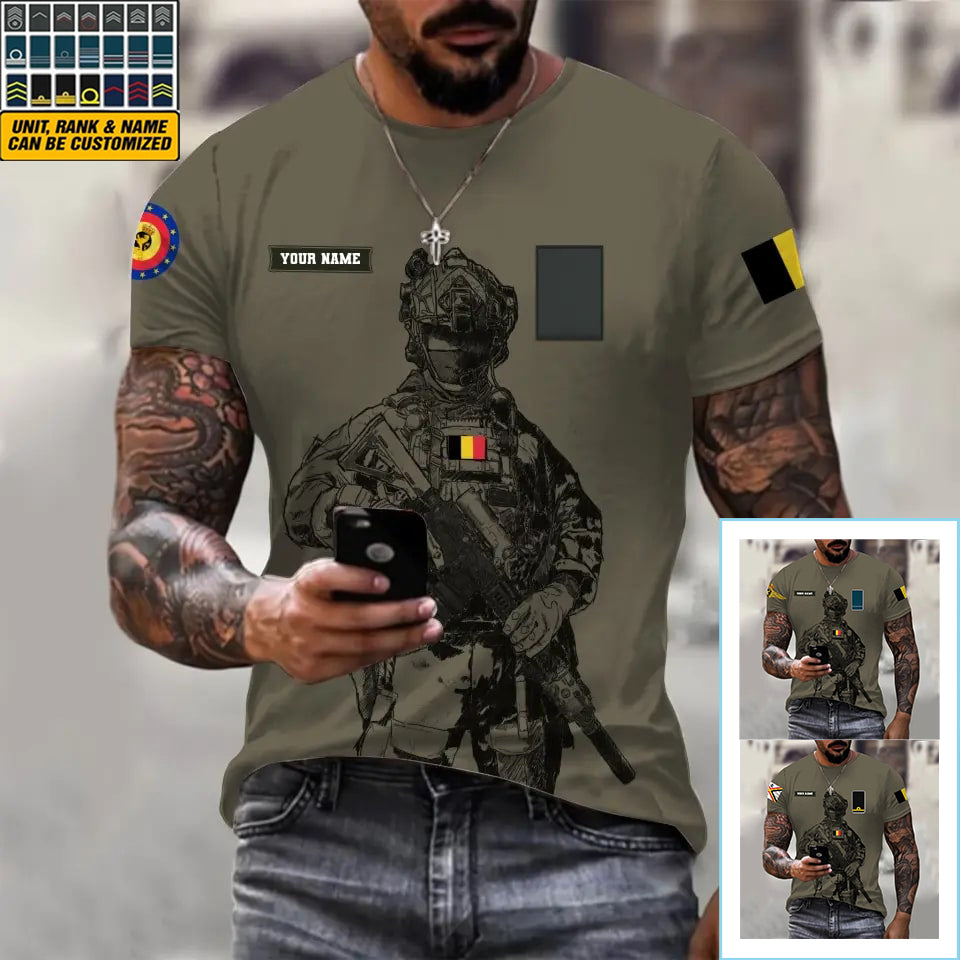 Personalisiertes T-Shirt mit belgischem Soldaten/Veteranen-Tarnmuster mit Namen und Rang, 3D-Druck – 17042401QA