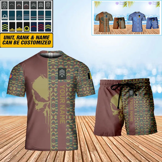 Personalisiertes belgisches Soldaten-/Veteranen-Tarnmuster mit Namen und Rang, Kombi-T-Shirt + Shorts, 3D-Druck – 10052401QA