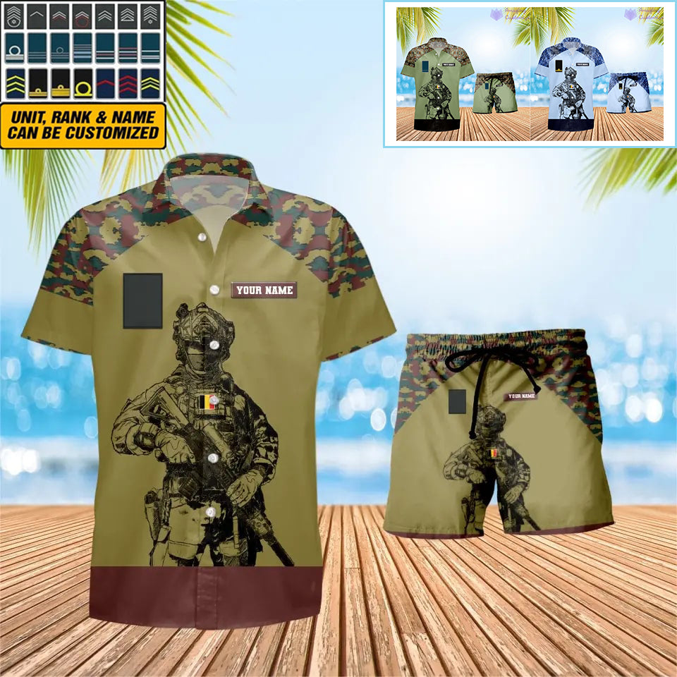 Personalisierter belgischer Soldat/Veteran, Camouflage mit Rangkombination, Hawaiihemd + Shorts, 3D-Druck – 1212230001QA