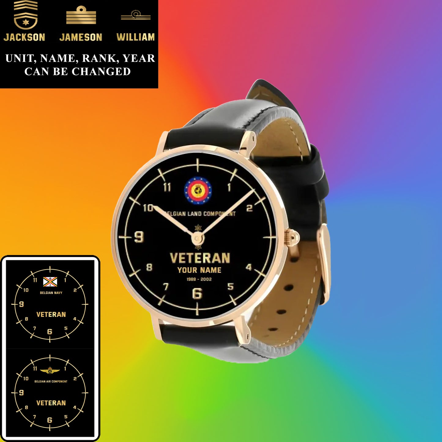 Montre personnalisée en cuir noir cousu pour soldat/vétéran belge avec nom, grade et année - 03052402QA - Version dorée