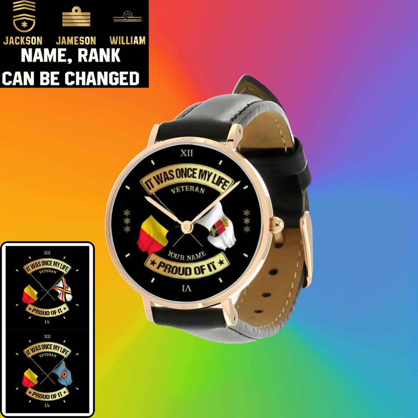 Montre personnalisée en cuir noir cousu pour soldat/vétéran belge avec nom et grade - 03052401QA - Version dorée