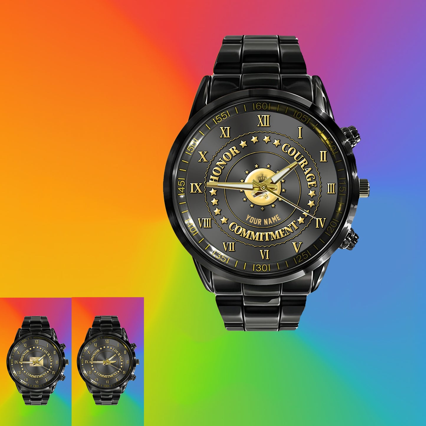 Montre personnalisée en acier inoxydable noir pour soldat/vétéran belge avec nom - 2203240001 - Version dorée