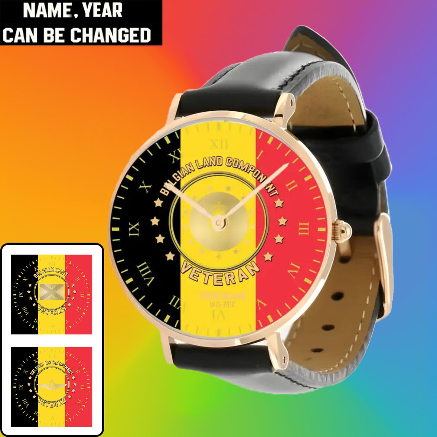 Personalized Belgium Soldier/ Veteran With Name And Year Black Stitched Leather Watch - 0204240001 - Gold Version