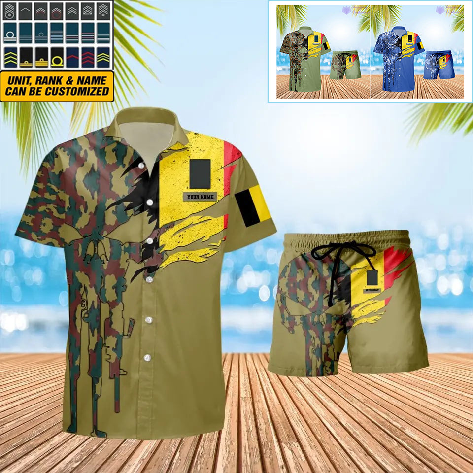 Personalisierter belgischer Soldat/Veteran, Camouflage mit Rangkombination, Hawaiihemd + Shorts, 3D-Druck – 0311230001QA