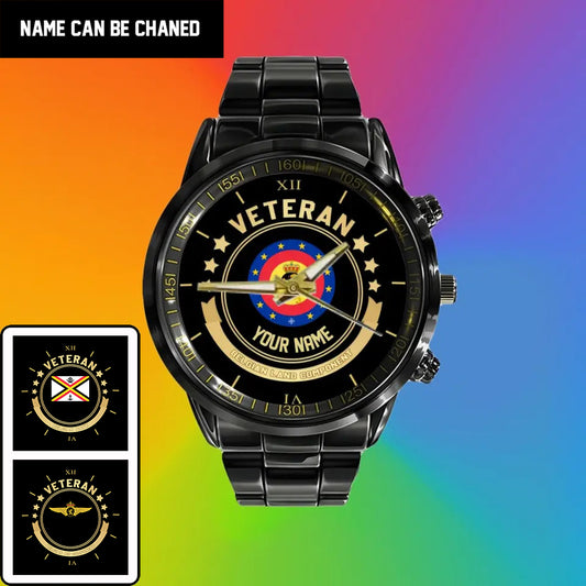 Personalized Belgium Soldier/ Veteran With Name Black Stainless Steel Watch - 1103240001 - Gold Version