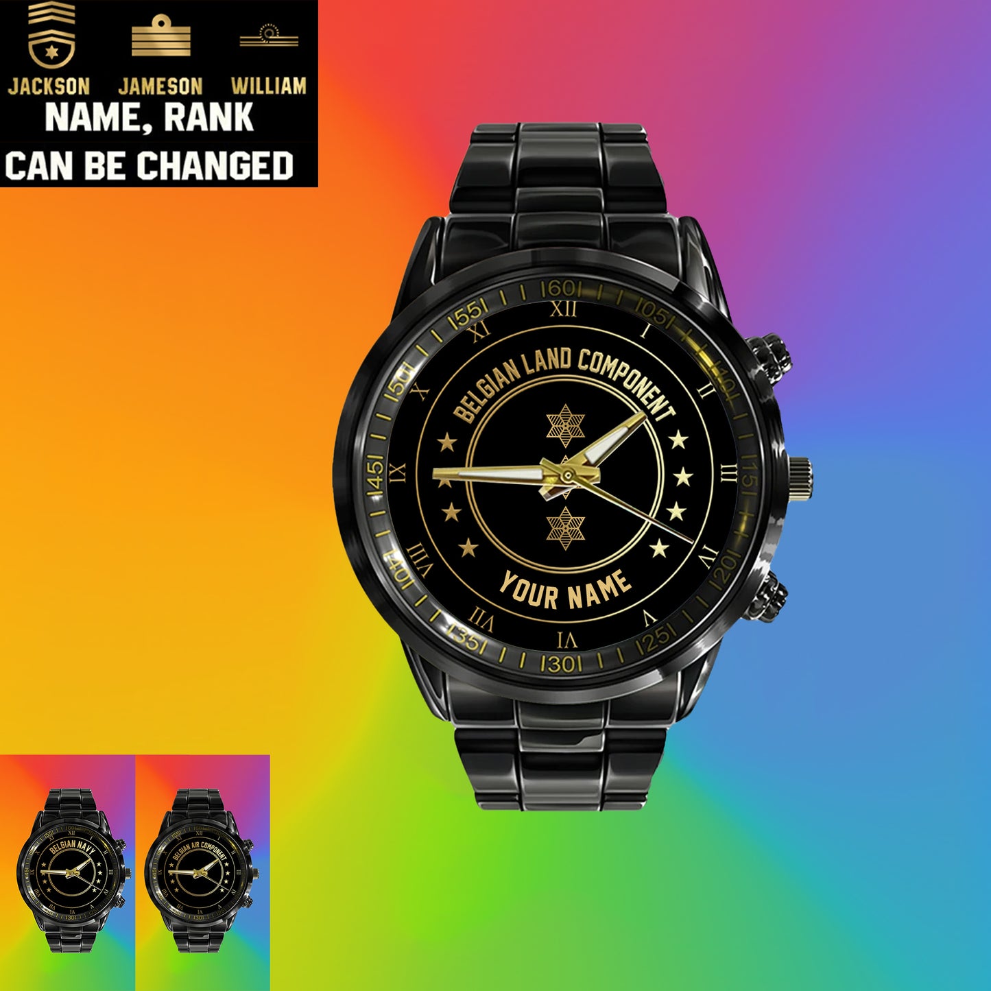 Personalized Belgium Soldier/ Veteran With Name And Rank Black Stainless Steel Watch - 2003240001 - Gold Version