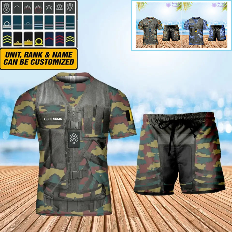 Personalisiertes belgisches Soldaten-/Veteranen-Tarnmuster mit Namen und Rang, Kombi-T-Shirt + Shorts, 3D-Druck – 22042401QA