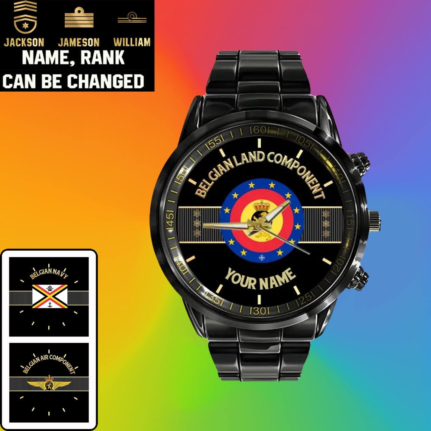 Personalized Belgium Soldier/ Veteran With Name And Rank Black Stainless Steel Watch - 0703240001 - Gold Version