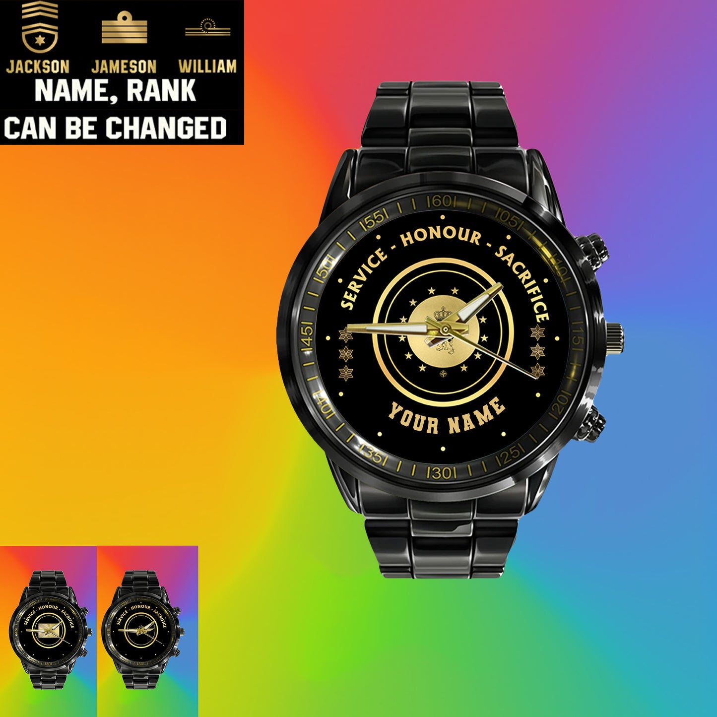 Personalized Belgium Soldier/ Veteran With Name And Rank Black Stainless Steel Watch - 2603240001 - Gold Version