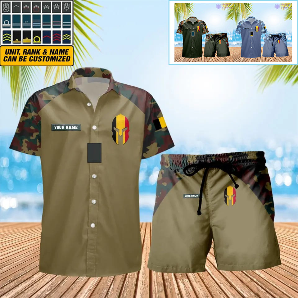 Personalisierter belgischer Soldat/Veteran, Camouflage mit Rangkombination, Hawaiihemd + Shorts, 3D-Druck – 1010230001QA