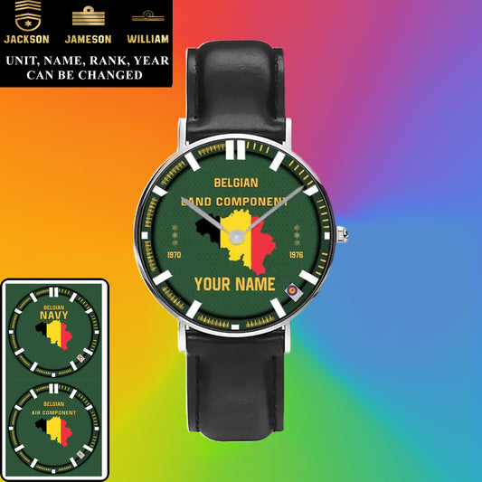 Montre personnalisée en cuir noir cousu pour soldat/vétéran belge avec nom, grade et année - 17062402QA - Version dorée