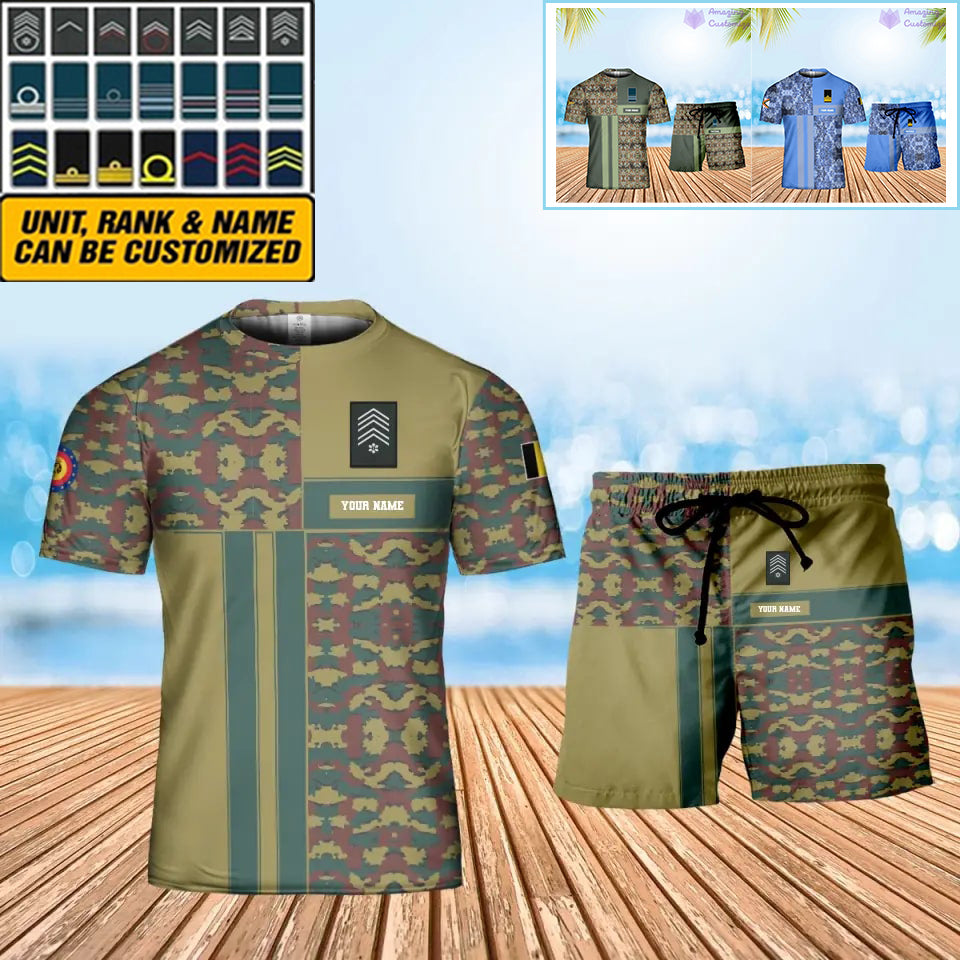 Personalisierter belgischer Soldat/Veteran, Camouflage, mit Namen und Rang, Kombi-T-Shirt + Short, 3D-Druck – 07042401QA