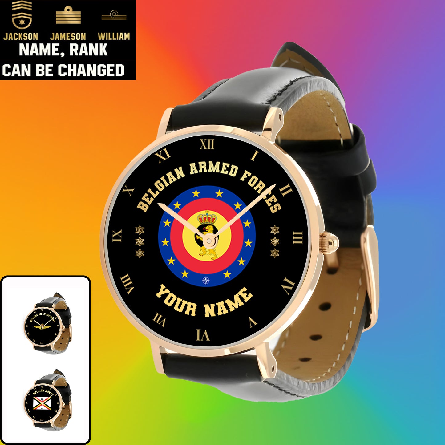 Personalized Belgium Soldier/ Veteran With Name And Rank Black Stitched Leather Watch - 0803240001 - Gold Version