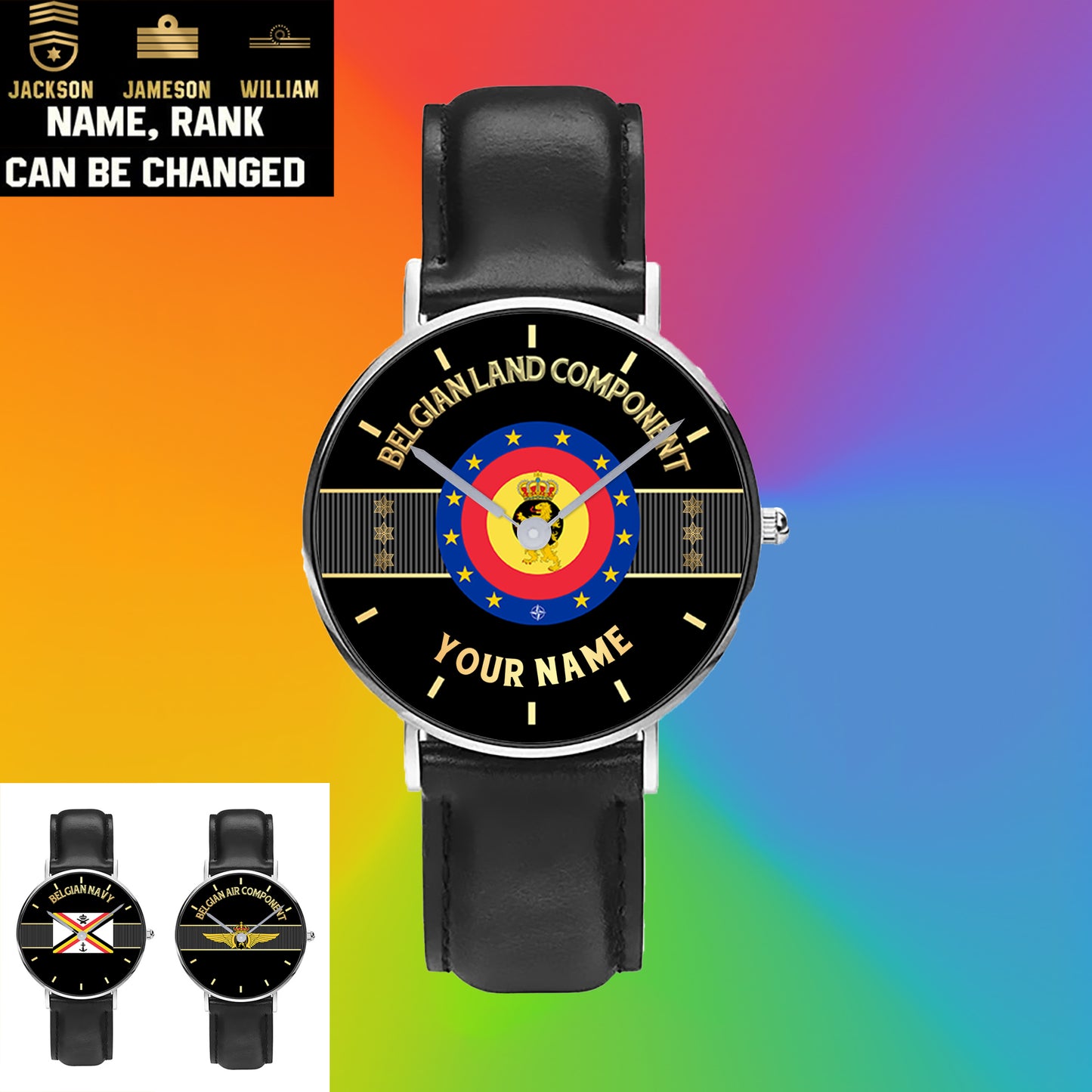 Montre Personnalisée Soldat/Vétéran Belge Avec Nom Et Grade En Cuir Noir Surpiqué - 0703240001 - Version Or