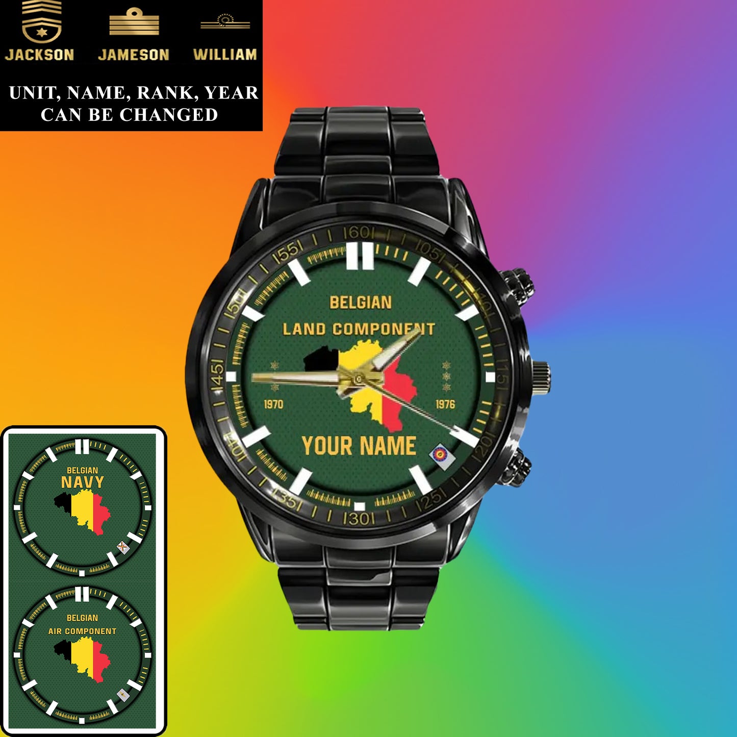 Personalized Belgium Soldier/ Veteran With Name, Rank and Year Black Stainless Steel Watch - 17062402QA - Gold Version