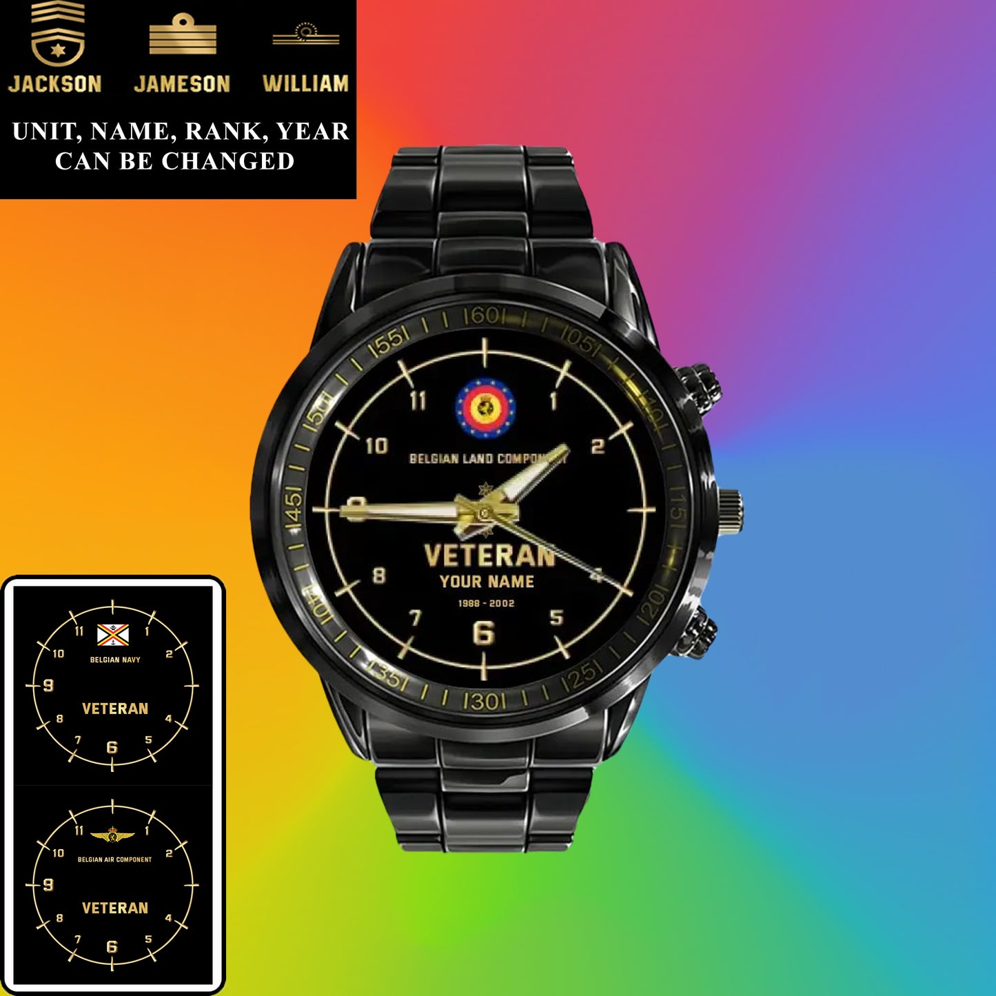 Montre personnalisée en acier inoxydable noir pour soldat/vétéran belge avec nom, grade et année - 03052402QA - Version dorée