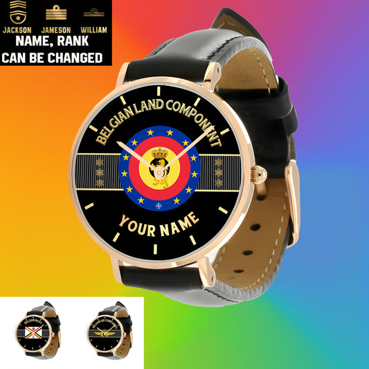 Personalized Belgium Soldier/ Veteran With Name And Rank Black Stitched Leather Watch - 0703240001 - Gold Version