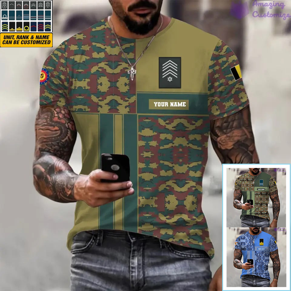 Personalisiertes belgisches Soldaten-/Veteranen-T-Shirt mit Camouflage-Muster und Namen und Rangaufdruck – 07052401QA