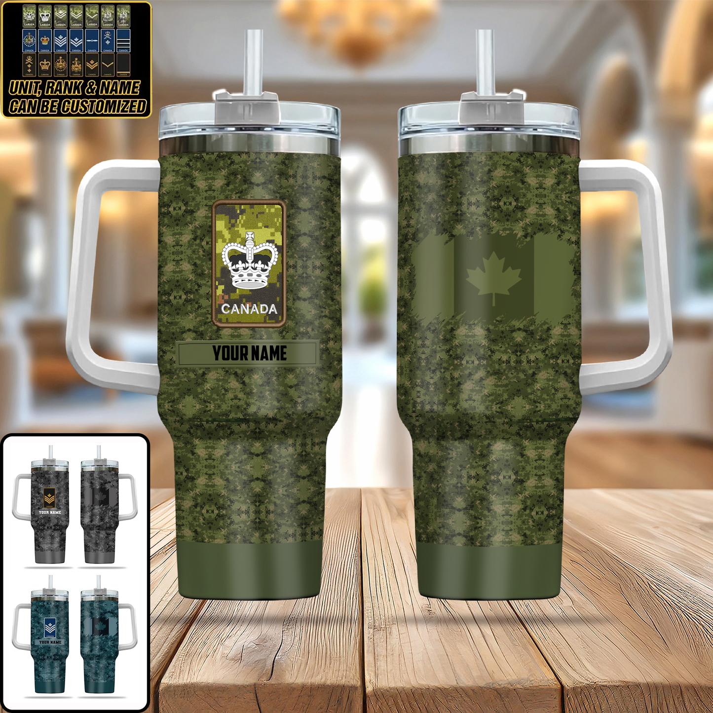 Personalized Canadian Soldier/ Veteran Camo With Name And Rank 40oz Tumbler 3D Printed - 17060544