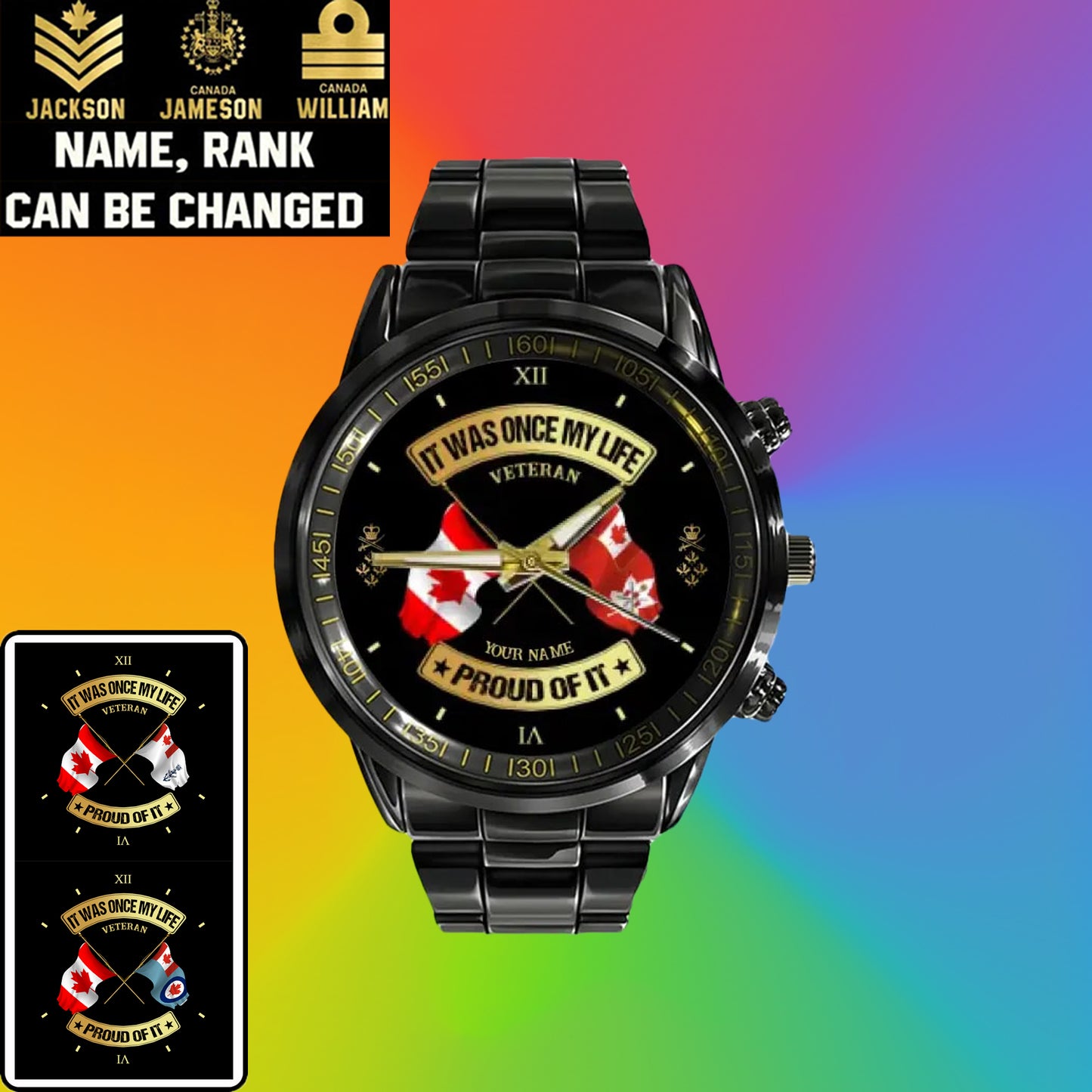 Personalized Canada Soldier/ Veteran With Name and Rank Black Stainless Steel Watch - 17146944 - Gold Version