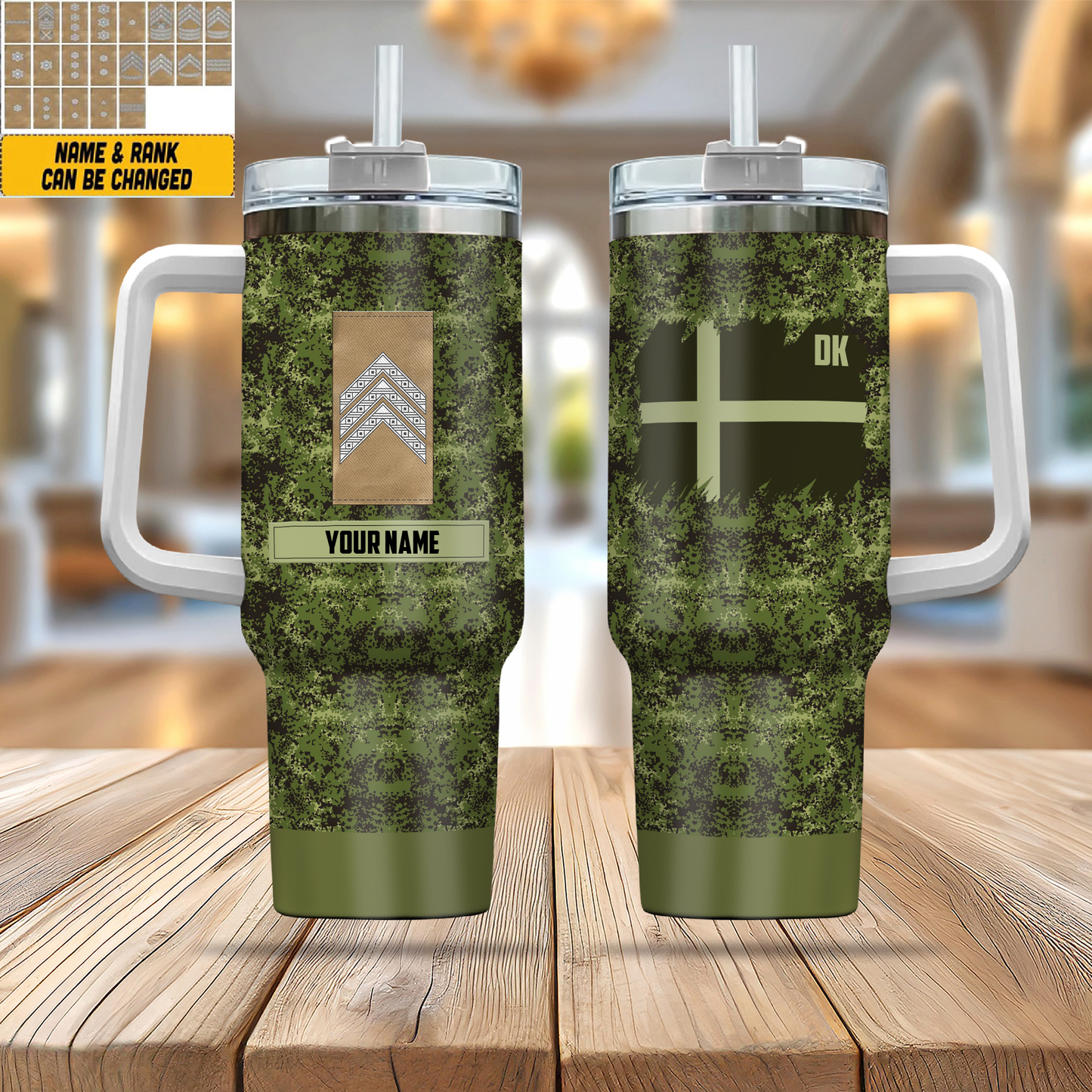 Verre personnalisé de 40 oz avec camouflage de soldat/vétéran du Danemark avec nom et grade, imprimé en 3D - 2401240001