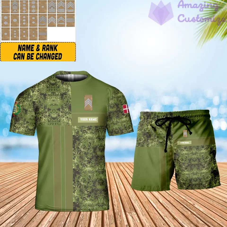 Personalisiertes dänisches Soldaten-/Veteranen-Tarnmuster mit Namen und Rang, Kombi-T-Shirt + Shorts, 3D-Druck -07052401QA