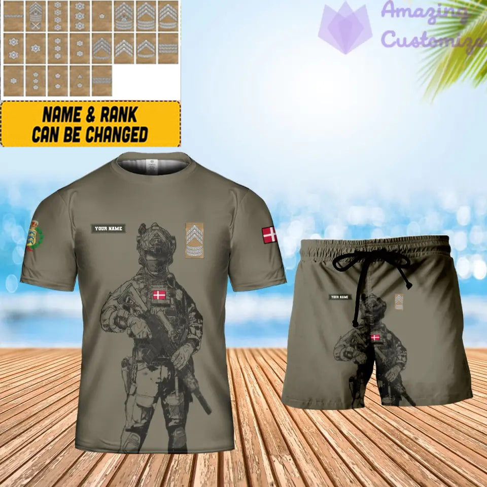 Personalisiertes dänisches Soldaten-/Veteranen-Tarnmuster mit Namen und Rang, Kombi-T-Shirt + Shorts, 3D-Druck -17042401QA