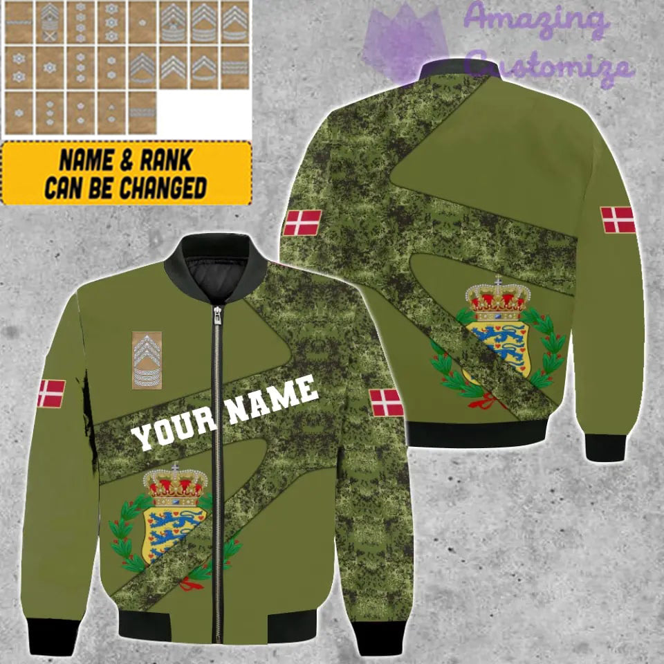 Personalisierte Bomberjacke mit dänischem Soldaten-/Veteranen-Camouflagemuster und Namen und Rang, 3D-Druck – 300124QA