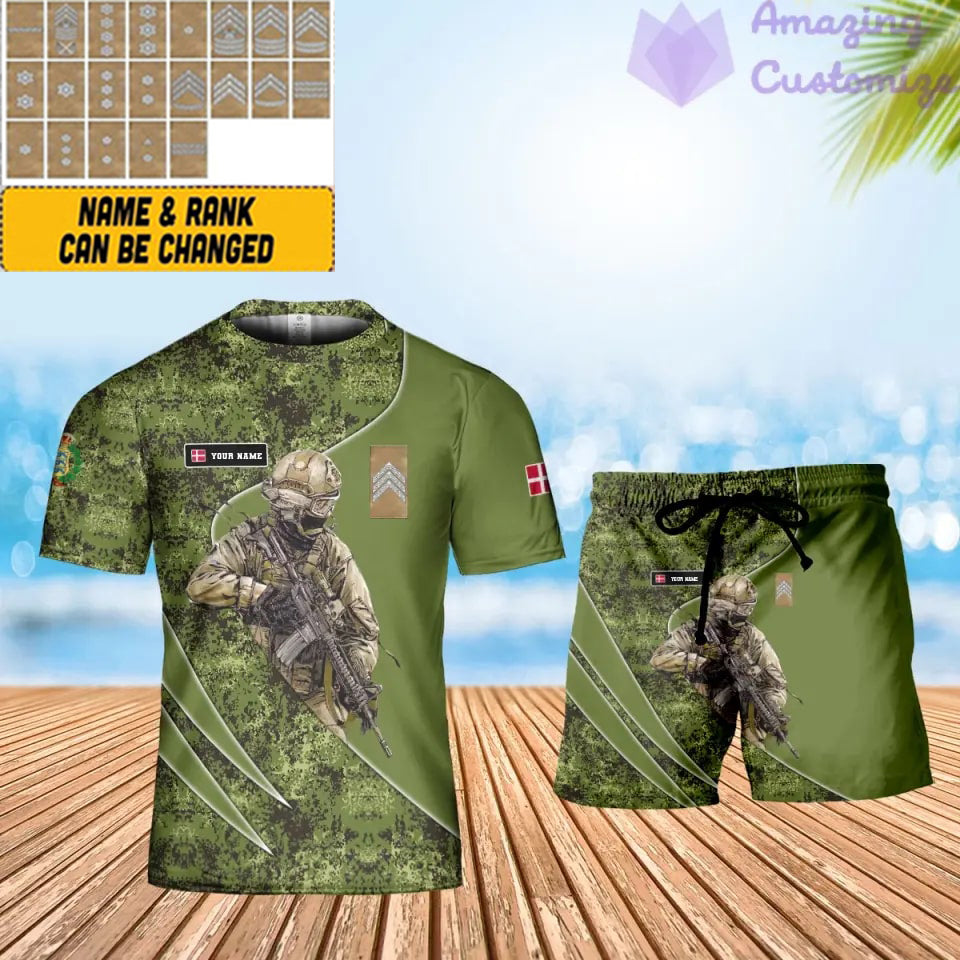 Personalisiertes dänisches Soldaten-/Veteranen-Tarnmuster mit Namen und Rang, Kombi-T-Shirt + Shorts, 3D-Druck -15052401QA