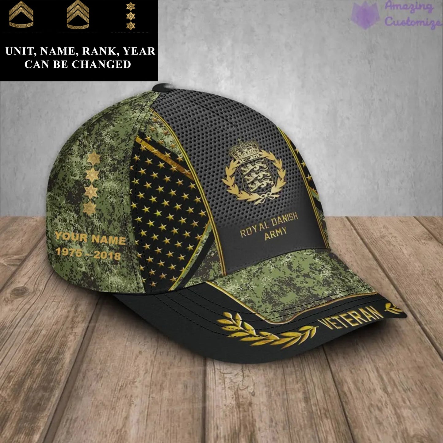 Casquette de baseball camouflage personnalisée avec grade, année et nom pour soldat/vétéran du Danemark - 17163360