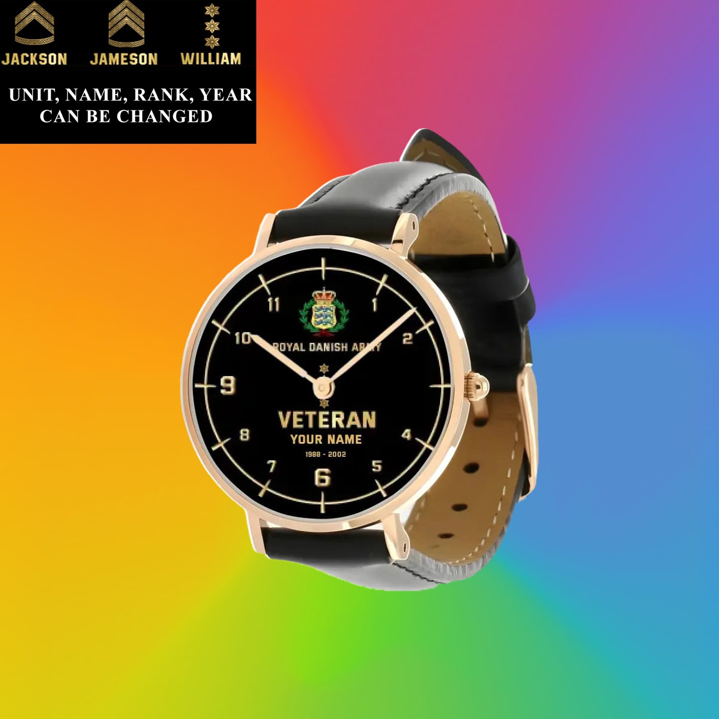 Montre personnalisée en cuir noir avec coutures noires pour soldat/vétéran du Danemark avec nom, grade et année - 03052402QA - Version dorée