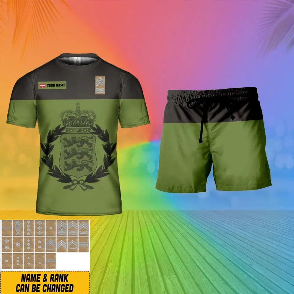 Personalisiertes dänisches Soldaten-/Veteranen-Tarnmuster mit Namen und Rang, Kombi-T-Shirt + Shorts, 3D-Druck -15Mar2401