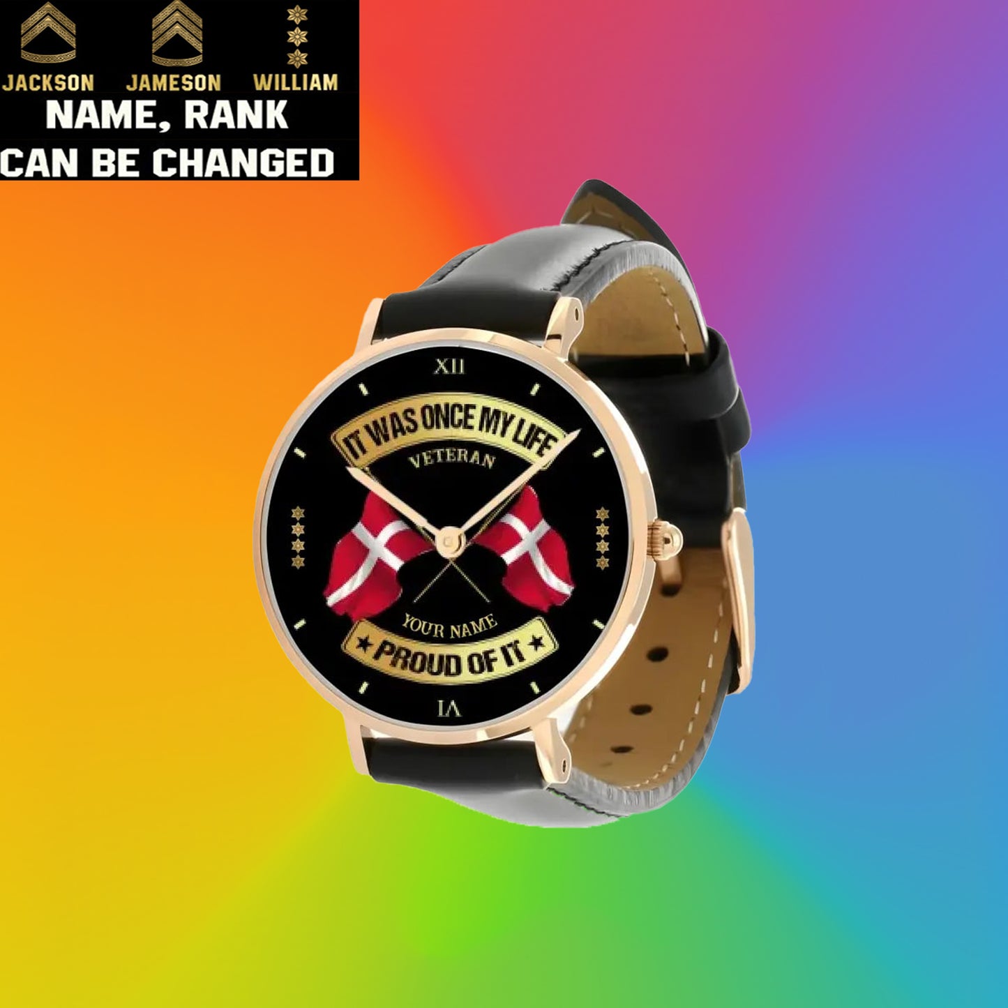 Personalisierte dänische Soldat/Veteran mit Namen und Rang, genähte Lederuhr – 03052401QA – goldene Version