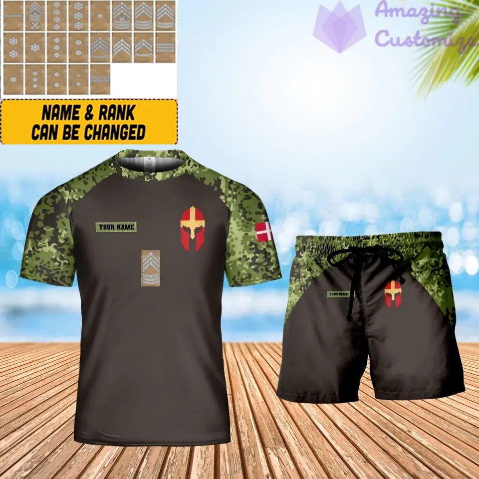 T-shirt personnalisé avec camouflage soldat/vétéran du Danemark avec nom et grade combinés + short imprimé en 3D -1010230001QA