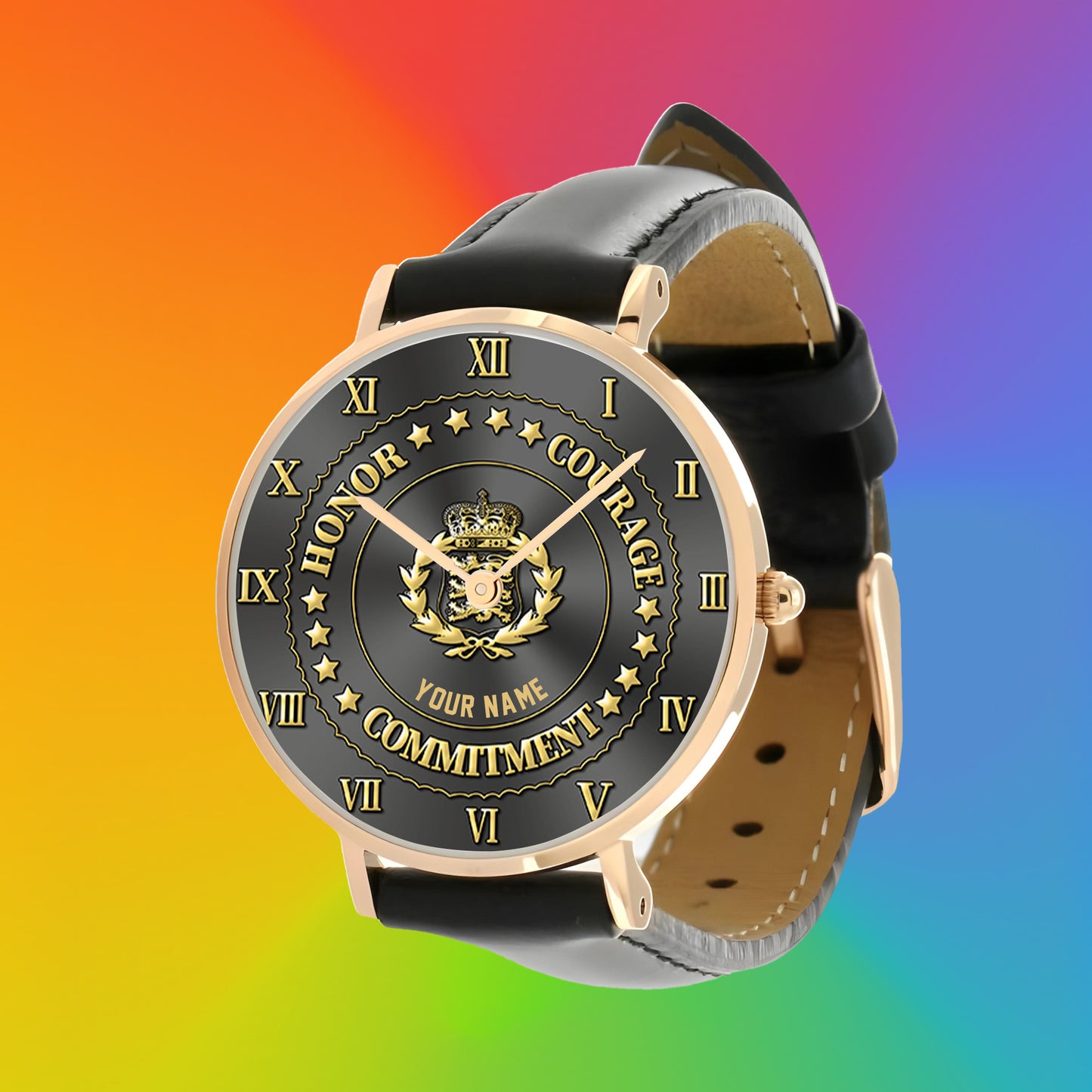 Personalisierte dänische Soldat/Veteran mit Namen, schwarze genähte Lederuhr – 2203240001 – goldene Version