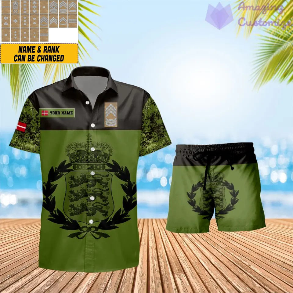 Personalisiertes dänisches Soldaten-/Veteranen-Tarnmuster mit Rangkombination, Hawaiihemd + Shorts, 3D-Druck – 0906230001QA