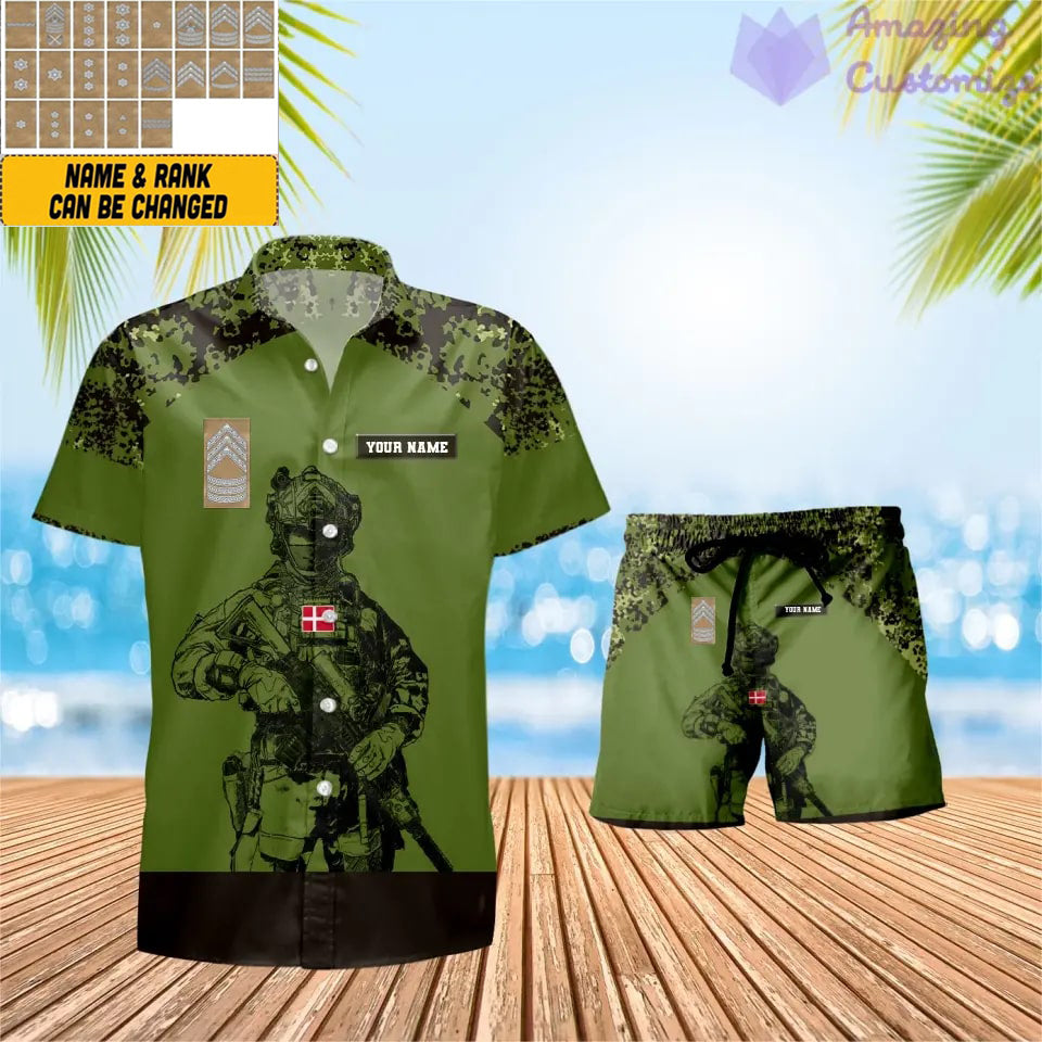 T-shirt Hawaï personnalisé avec camouflage soldat/vétéran du Danemark et combo de grades + short imprimé en 3D - 1212230001QA