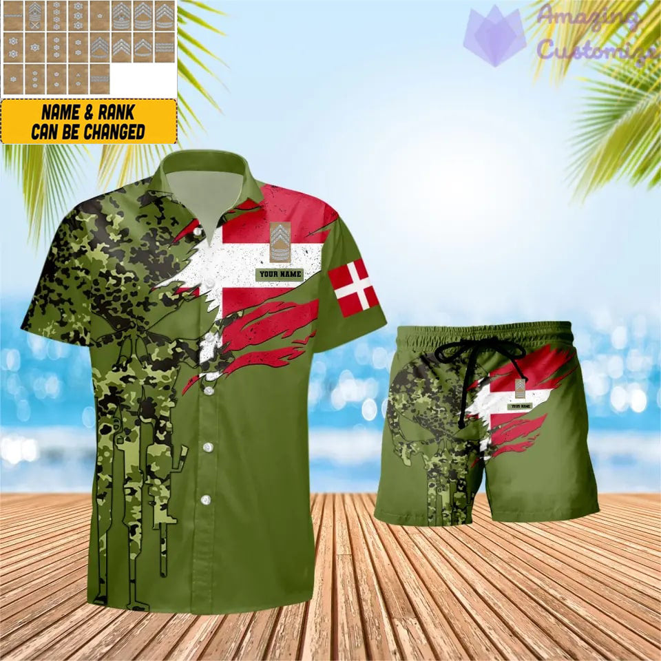 Personalisiertes dänisches Soldaten-/Veteranen-Tarnmuster mit Rangkombination Hawaiihemd + Shorts 3D-Druck – 0311230001QA