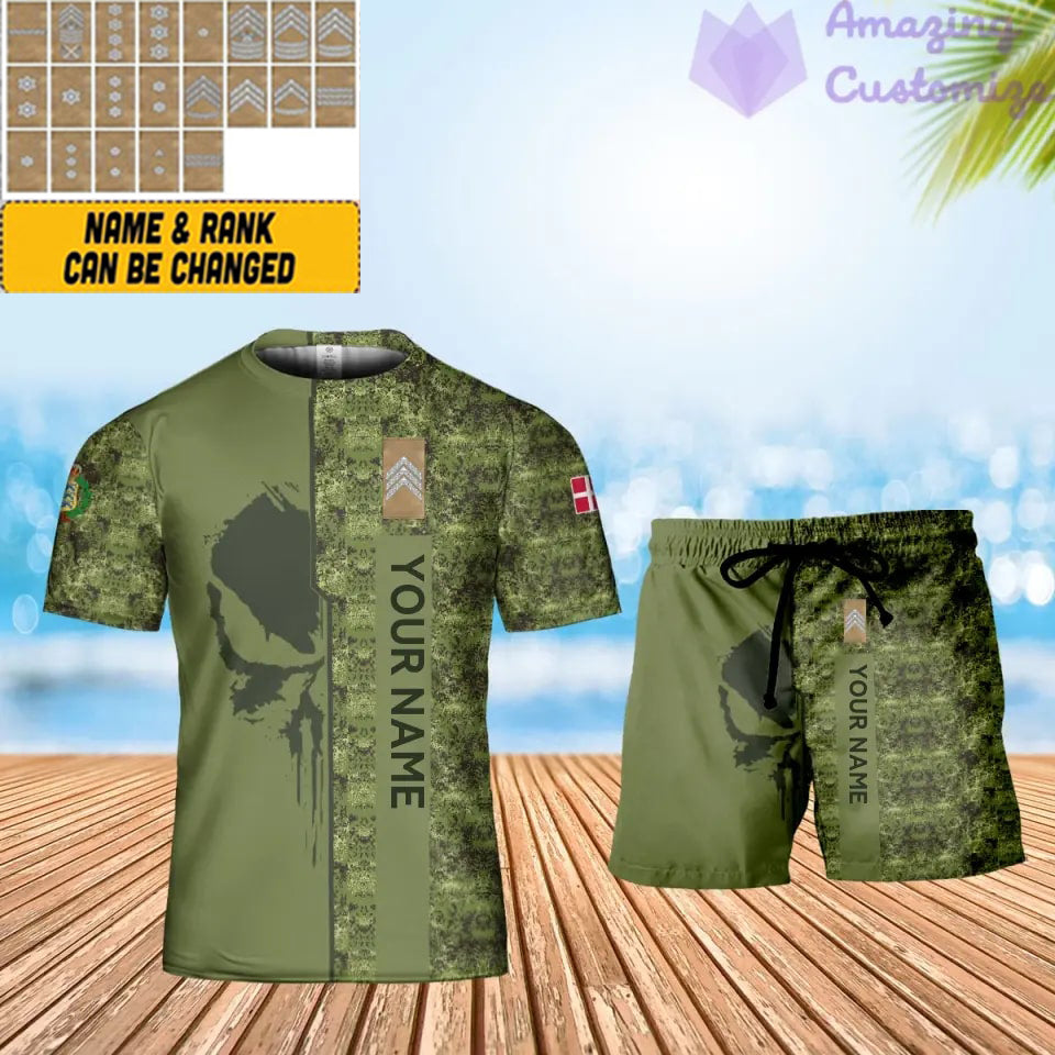 Personalisiertes dänisches Soldaten-/Veteranen-Tarnmuster mit Namen und Rang, Kombi-T-Shirt + Shorts, 3D-Druck -10052401QA