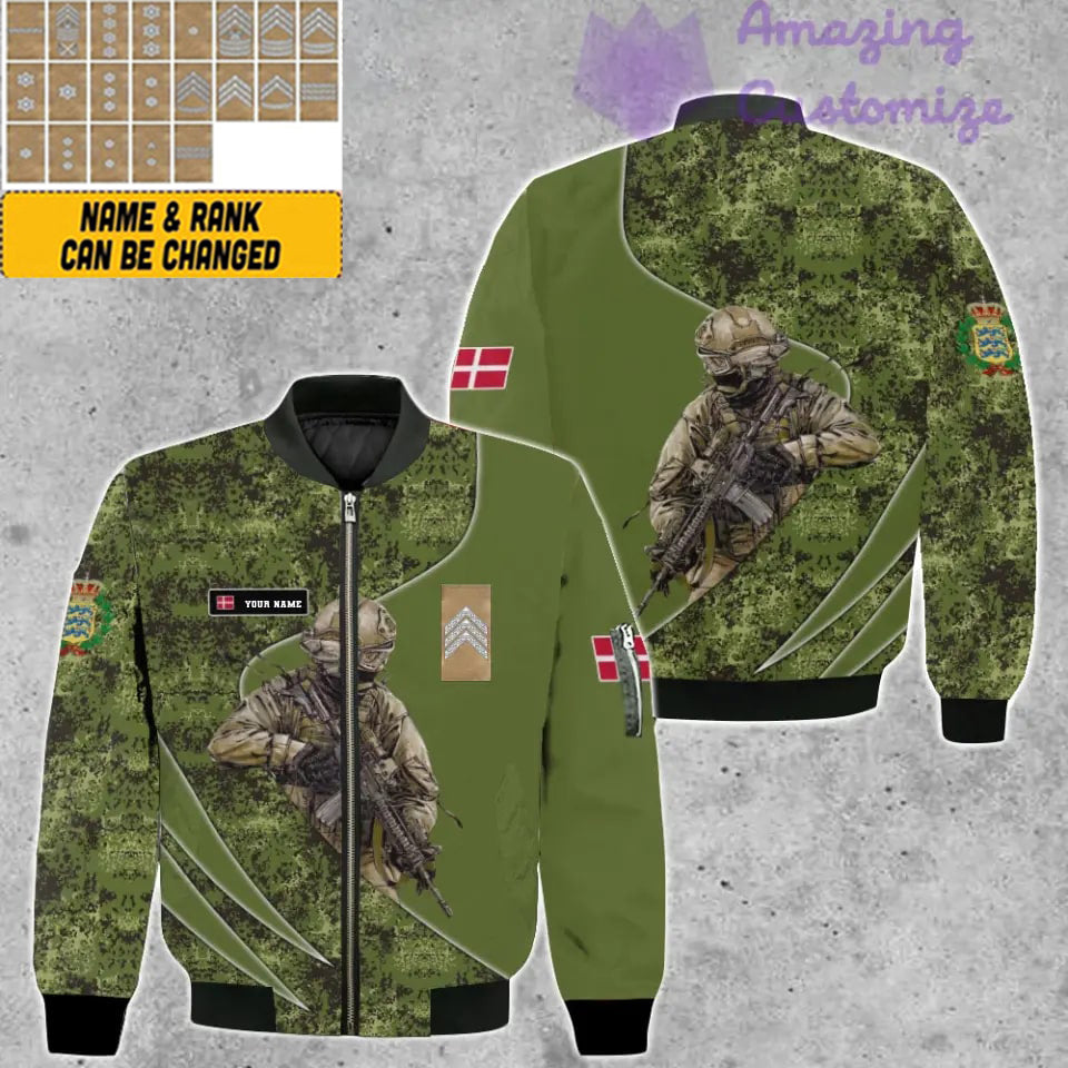 Personalisierte Bomberjacke mit Camouflage-Muster für dänische Soldaten/Veteranen mit Namen und Rang, 3D-Druck – 150524QA